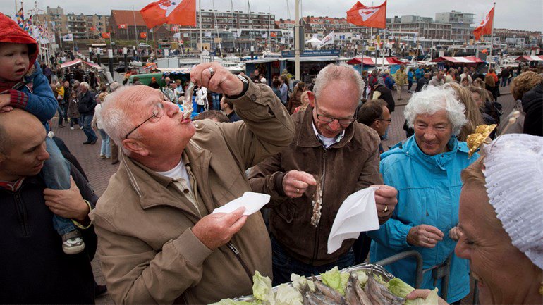The Dutch eat their herring raw, because they know that fish is at its most tender just before it starts rotting. Dutch herring is served with raw onions and gherkin to mask the rotten scent as the fish passes your nose on its way down your throat.