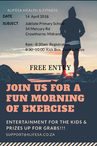 4LIFESALP1's tweet photo. Health &amp; Fitness Event 14th April 2018. #4LifeSA https://t.co/65LujTu7s6