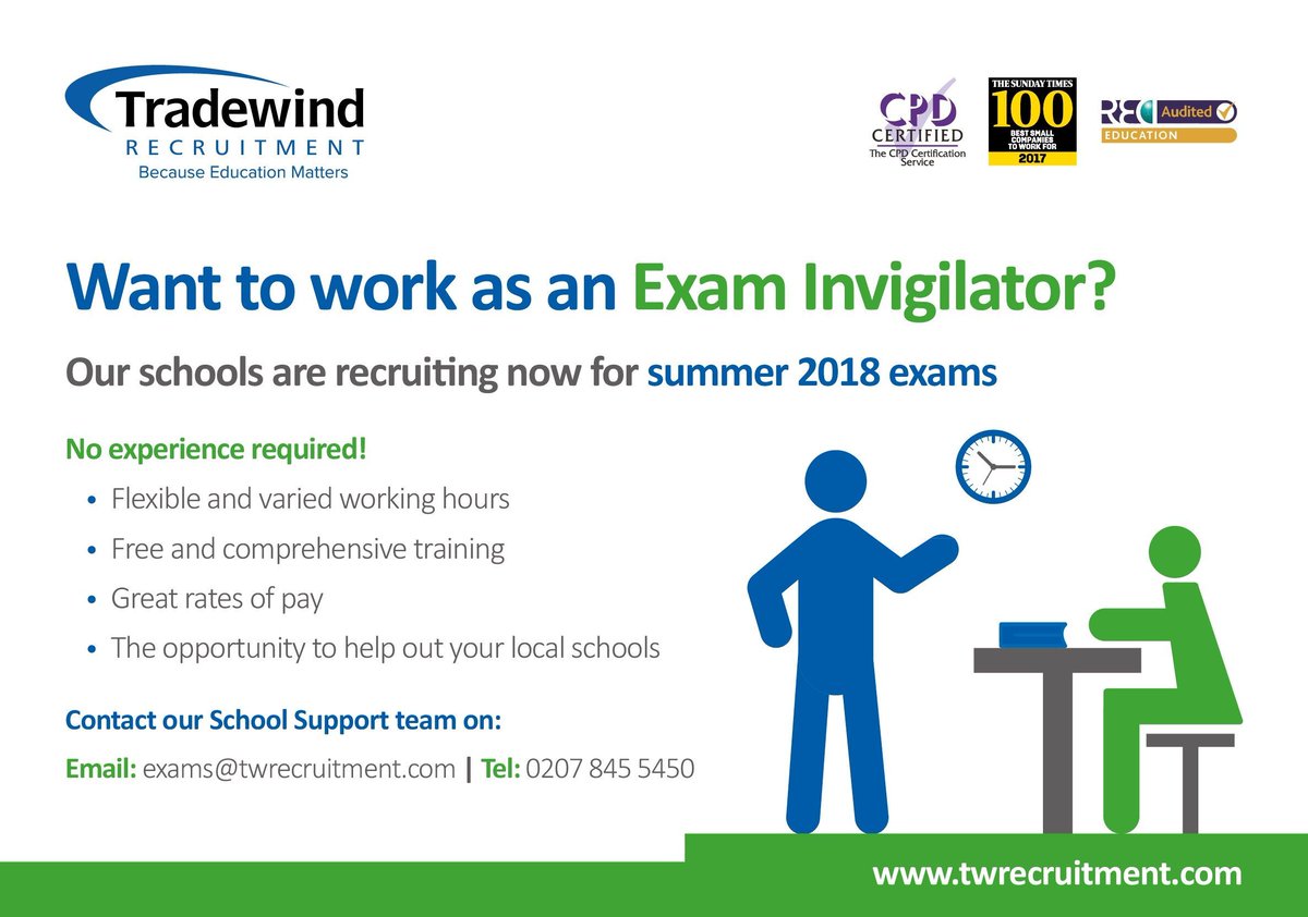 TradewindUK's tweet image. If you'd like to help out your local #schools and commit to some #flexible, well-paid #work over the coming months, contact us today to find out more about working as an #ExamInvigilator. No #experience required, and full #training will be provided! #exams #job #schools