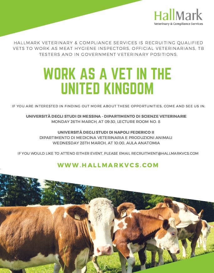 HallMarkVCS's tweet image. HallMark are currently recruiting vets to work in exciting positions in the UK.  If you are interested in finding out more, come and see us at  the University of Messina on Monday 26th March or at the University of Napoli Federico II on Wednesday 28th March @unimessina @UninaIT