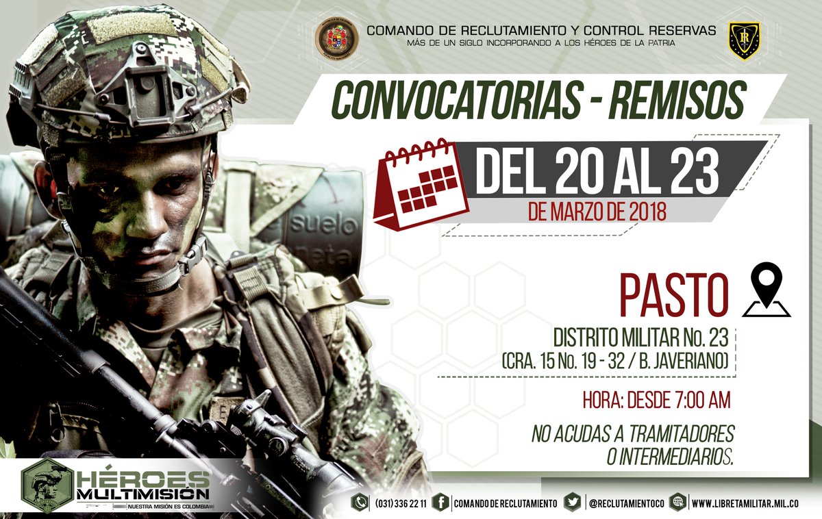 RECLUTAMIENTOCO's tweet photo. #SabíaQue Si iniciaste tu trámite para la definición situación militar en algún Distrito Militar, pero resides en otra ciudad, podrás acercarte a cualquier  #ConvocatoriaRemisos o cualquier día de la semana, al Distrito Militar más cercano https://t.co/pw3WyBY2KX