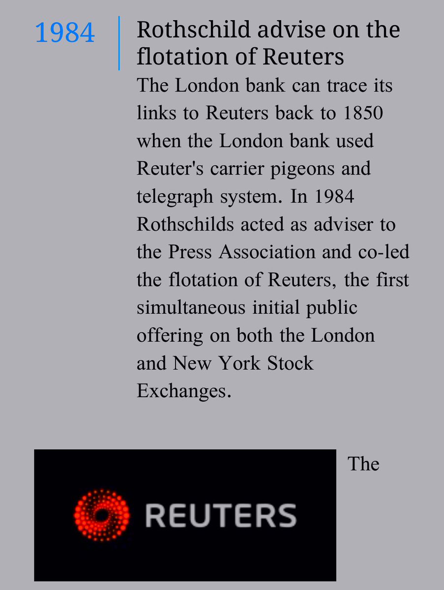 _theoddmanout's tweet image. The London bank owned by The Rothschilds, can trace its links to Reuters back to 1850 when the London bank used Reuter&apos;s carrier pigeons and telegraph system. #whocontrolsthemedia
