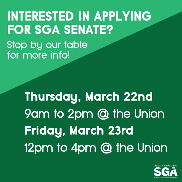UNTSGA's tweet photo. Interested in running for SGA Senate next school year? There are 45 seats open! Stop by our table TODAY from 9am to 2pm in the Union for more information! #UNT 
APPLY: https://t.co/0cDup3HSev https://t.co/VxyOcC5KvI