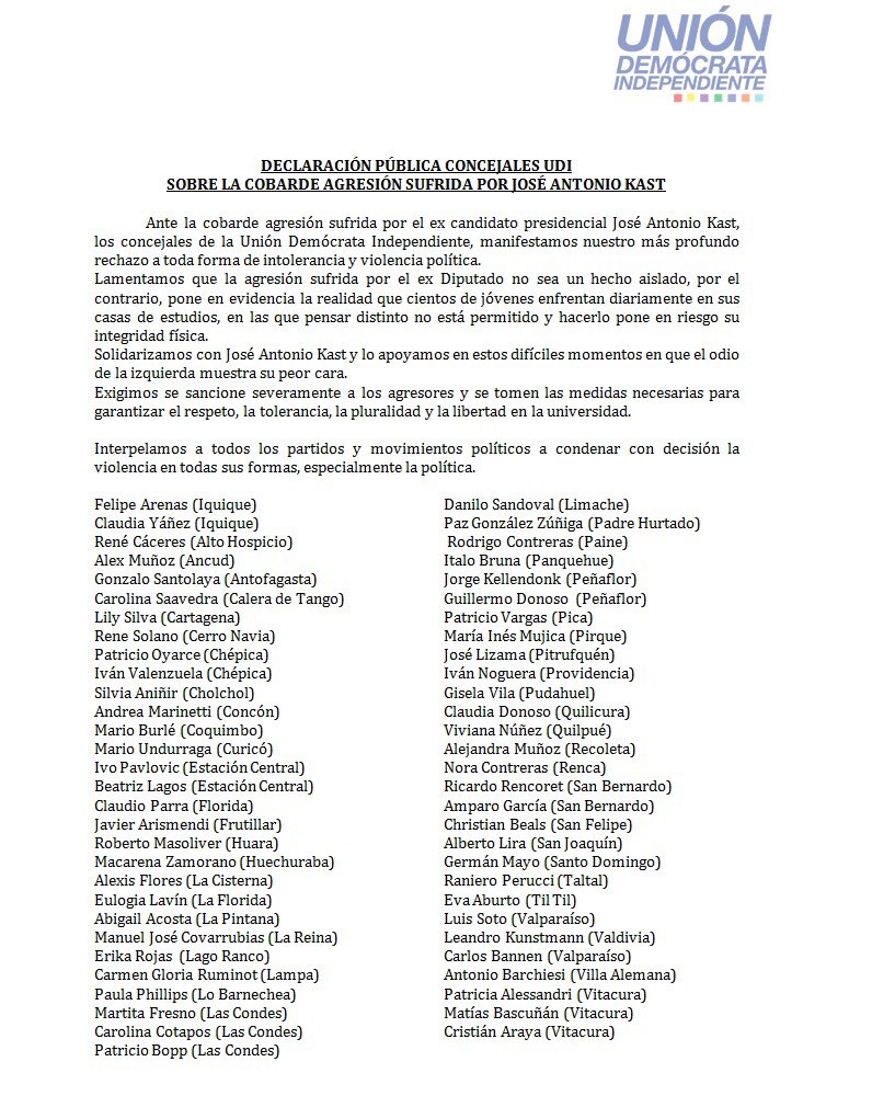 Los concejales <a href="/udipopular/">UDI</a> <a href="/ConcejalesUdi/">Concejales Udi</a> rechazamos la agresión a <a href="/joseantoniokast/">José Antonio Kast Rist 🖐️🇨🇱</a> y pedimos sanción a los culpables <a href="/GobiernodeChile/">Gobierno de Chile</a> <a href="/FiscaliadeChile/">Fiscalía Nacional</a> <a href="/PJudicialChile/">Poder Judicial Chile</a> <a href="/beitalagos/">Beatriz Lagos Campos</a> <a href="/Macarenaurenda/">Macarena Urenda</a>