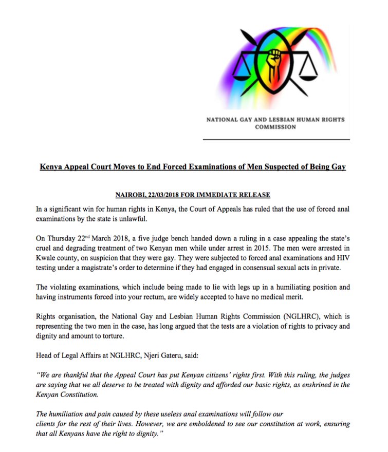 clarekabale's tweet photo. A very significant ruling in favor of @NGLHRC and LGBT Kenyans to #StopForcedTesting by the state.This ruling will offer the region precedent to fight for the protection of LGBT rights. We reported on the unethical practice in Uganda in 2015: https://t.co/sFIzfkwdVM https://t.co/WeNhiPOg3P
