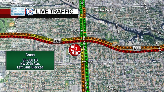CRASH: SR-836 EB & NW 27th Ave. A left lane is blocked; delays stretch back to SR-826. #TRAFFIC #MIAMI https://t.co/elQRSOWXFP