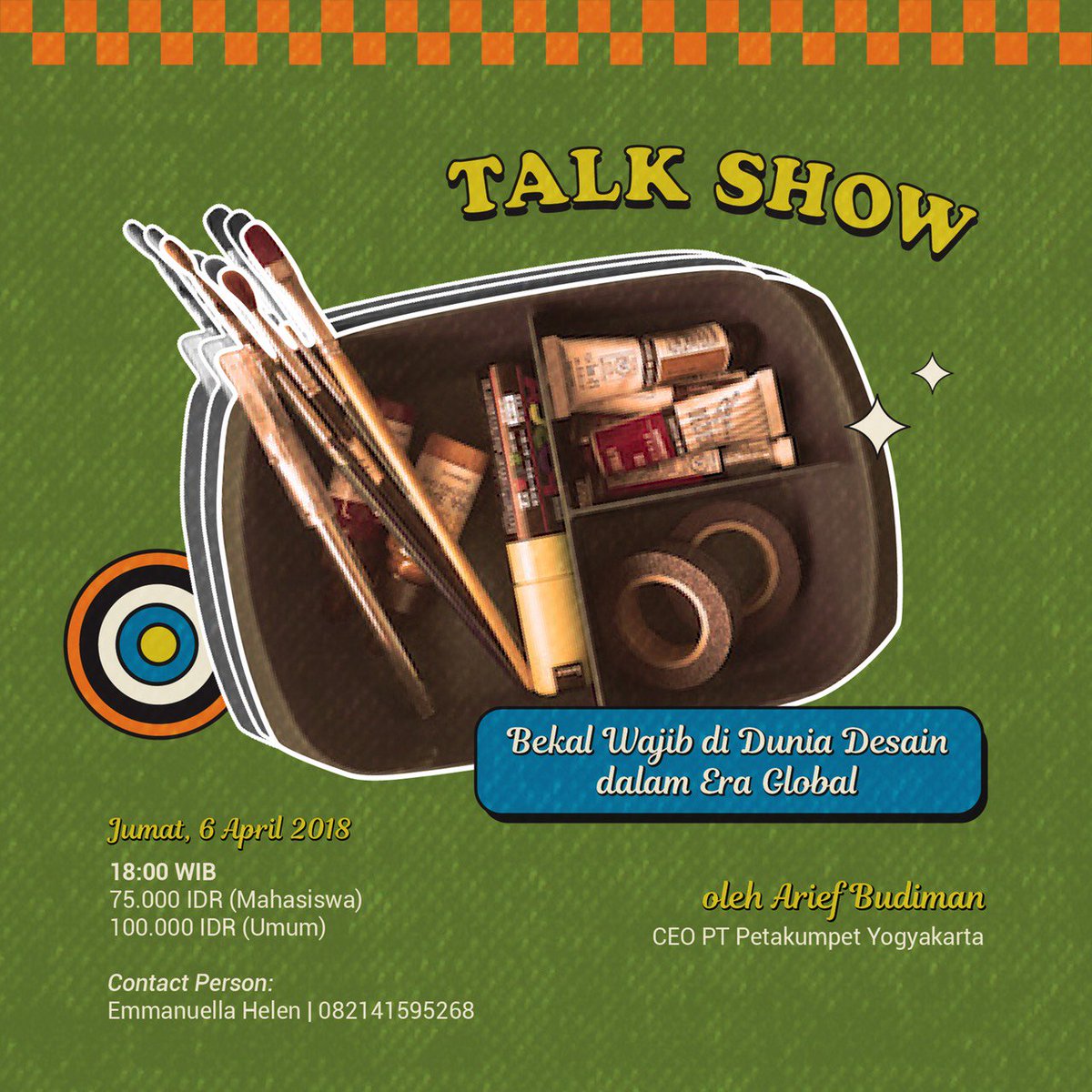 Talkshow "Bertahan Hidup di Dunia Desain" bersama Arief Budiman (CEO PT Petakumpet Yogyakarta).

Untuk informasi selengkapnya, boleh kunjungi laman bharatikafest.petra.ac.id

CP: Emmanuella Helen (082141595268)
#KisahkanRindumu #Talkshow