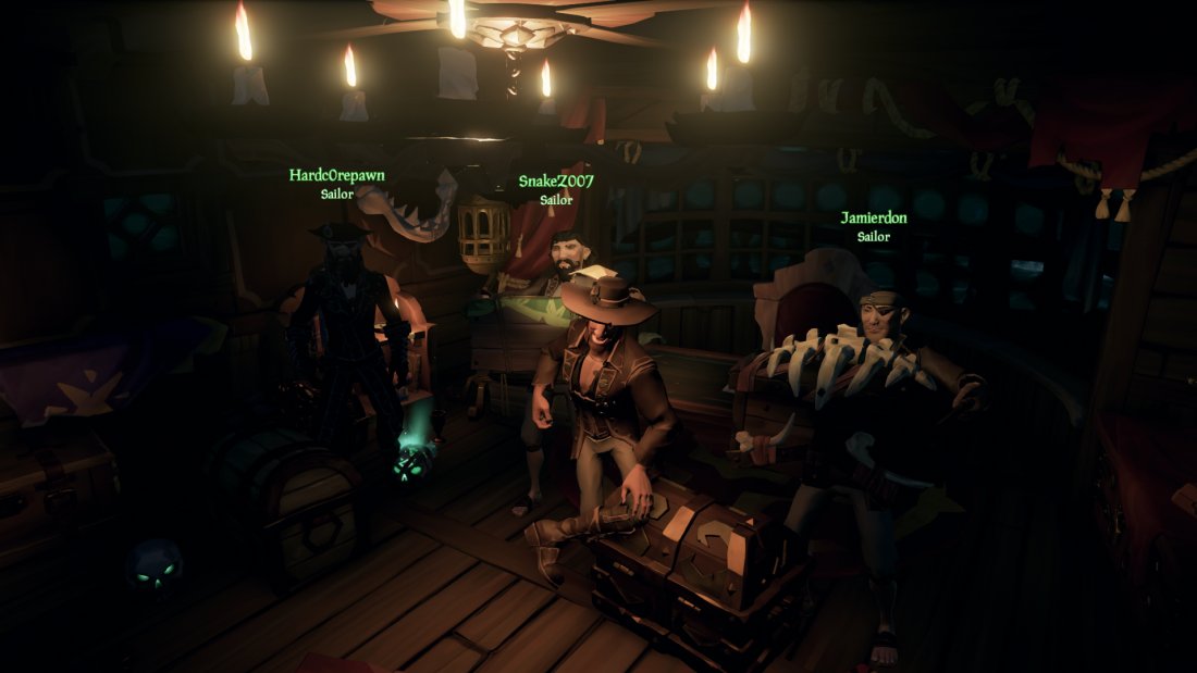 Dusketeers's tweet photo. Last nights @SeaOfThieves Treasure Haul, Fighting that skeleton fort was difficult and we got it all back in one piece. Nice 12,000 gold made for them vanity items. :D https://t.co/ZZU0QXiZ59