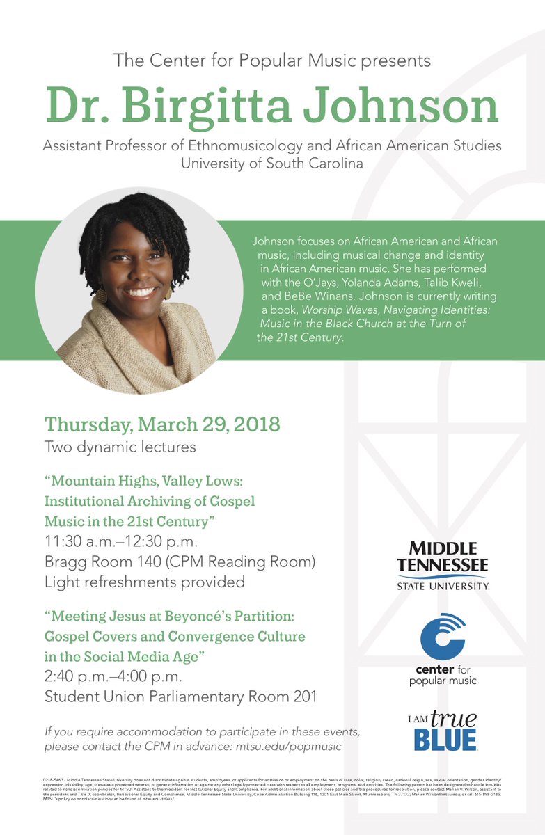 Two exciting presentations, one week from today! #archives #GospelMusic #beyonce @mtsu @MTSUHonors @MTSU_SOM @mtsuhistory @center4popmusic @MTSUNews @mtsuenglish @Sidelines_News