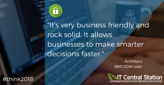 PeerSpot's tweet photo. It's #think2018 and #ibmautomation users have weighed in! See what this architect has to say about @IBM ODM here #mgmt #entarch @BPMfromIBM https://t.co/KxP9PpA2wz https://t.co/6tDTEQVS6z