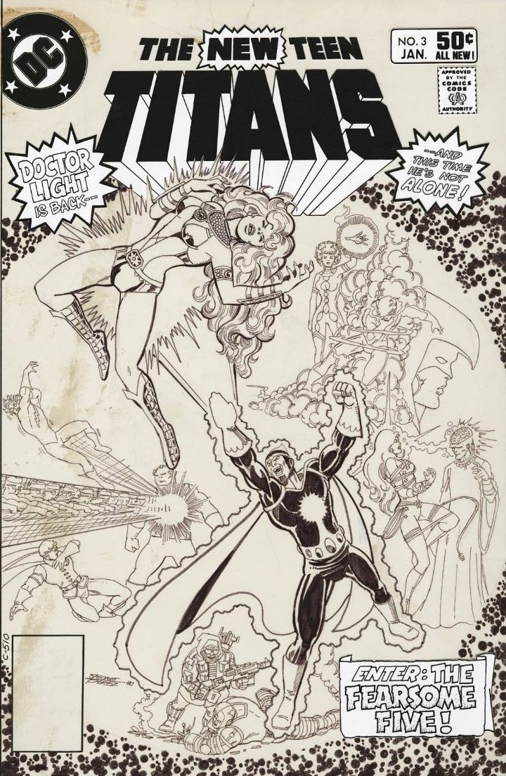 HFoh's tweet photo. The cover to The New Teen Titans # 3 by George Perez. The Titans face off against Doctor Light & The Fearsome Five.
#thecosmiccomicbookbroadcast #dccomics #thenewteentitans #thefearsomefive #marvwolfman #georgeperez https://t.co/t8ixoS4Uzt