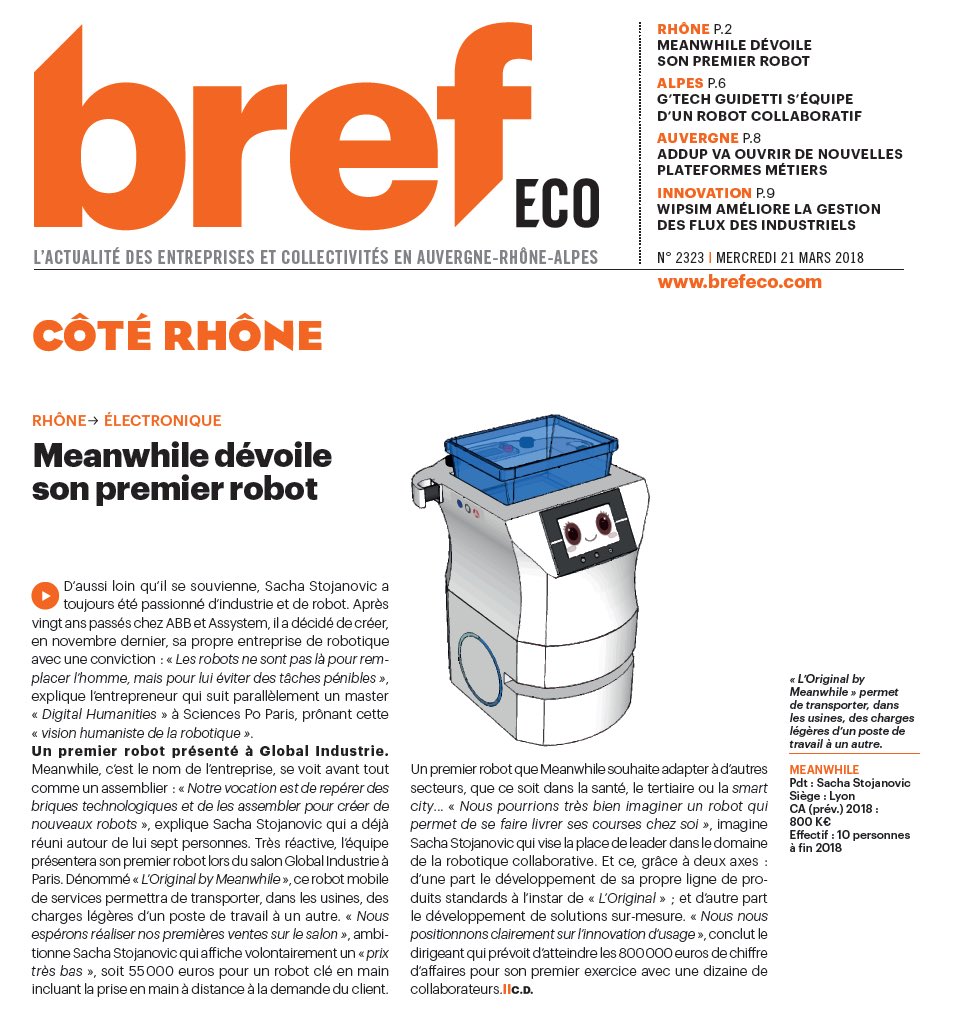 MEANWHILE_FR's tweet photo. Il est dans le journal, il est dans le journal, il est dans le journal "L'original" @Bref Eco !! @MEANWHILE_FR #cobot #robotique @AURAentreprises https://t.co/P91fZAP4PD