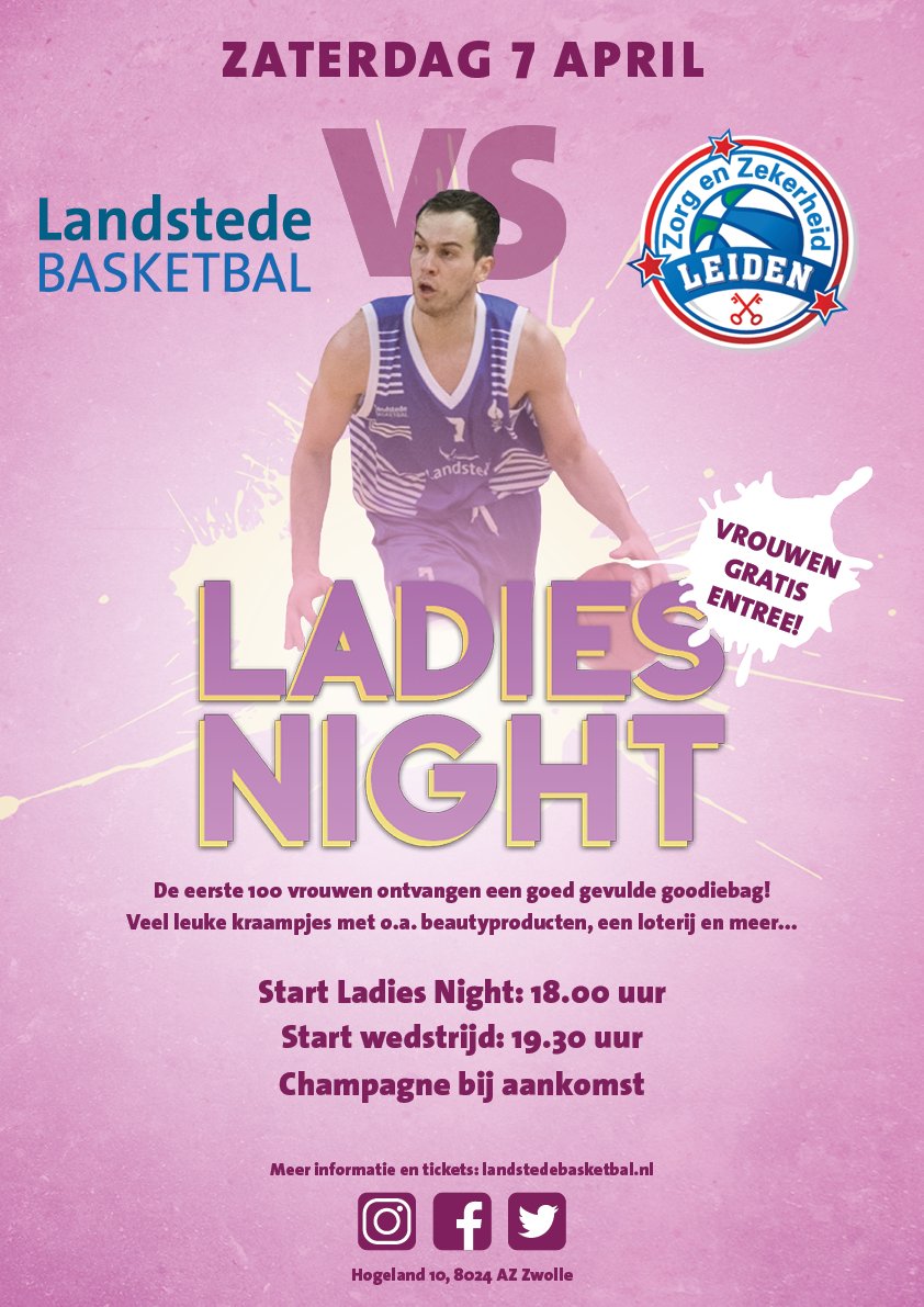 SAVE THE DATE! Zaterdag 7 april staat de topper tegen @ZZLEIDENBASKETB op het programma. Het Landstede Sportcentrum staat die avond in het teken van Ladies Night! Alle vrouwen GRATIS entree! En de eerste 100 vrouwen ontvangen een goed gevulde goodiebag! #Hammertime #Zwolle