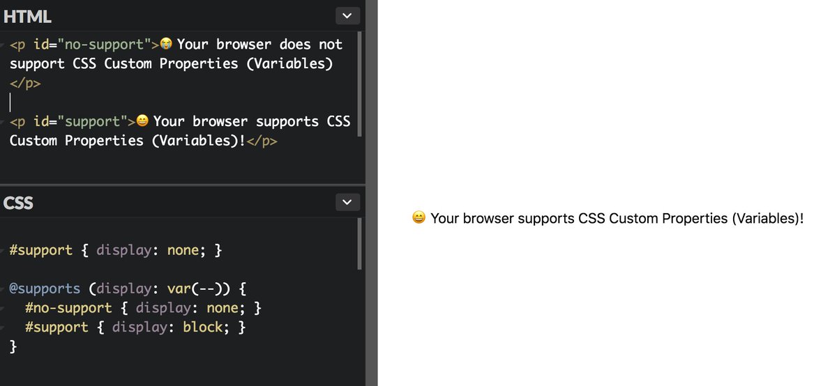 ireaderinokun's tweet image. Just discovered this neat trick to check if a browser supports CSS Variables
@supports (color: var(--)) {
...
}
Notes:
- Can use any property (i.e. not color)
- Don't have to include an actual variable name, var(--) works
Codepen 👉🏾 codepen.io/ire/pen/rdmboK
