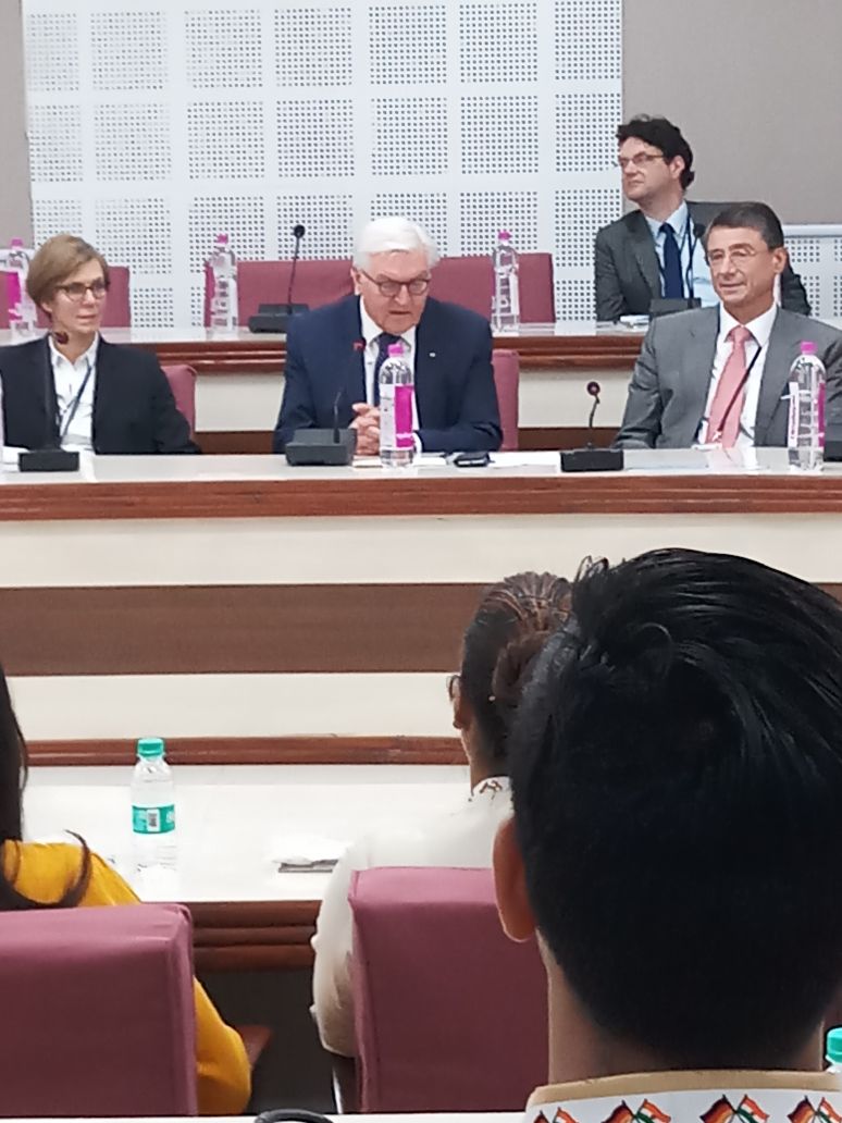 German president Frank-Walter Steinmeier interacts with BHU students and faculty in Varanasi.