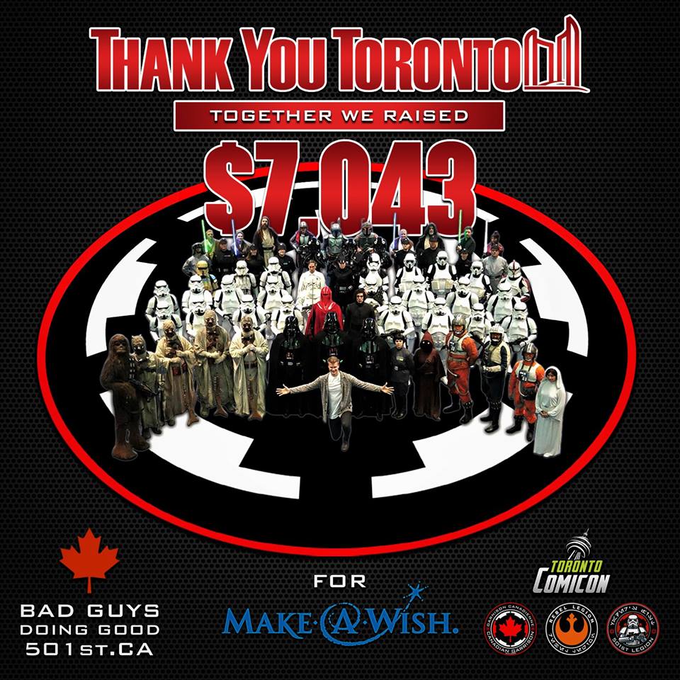 Hey Toronto you did good. All your donations from #torontocomicon2018 go directly to #makeawish Canada. See you at Niagara Falls Comic Con where we'll all play again.
#501stCDN #starwars #Joonas #badguysdoinggood