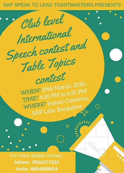 Toastmasters_D5's tweet photo. It’s that time of the year again !! Mark your calendars guys and gals ! #sapspeaktolead presents 2018 club level speech and table topics contest ! Come over and show your support !
#Toastmasters #contest #tabletopics #PublicSpeaking https://t.co/lMyROTC65O