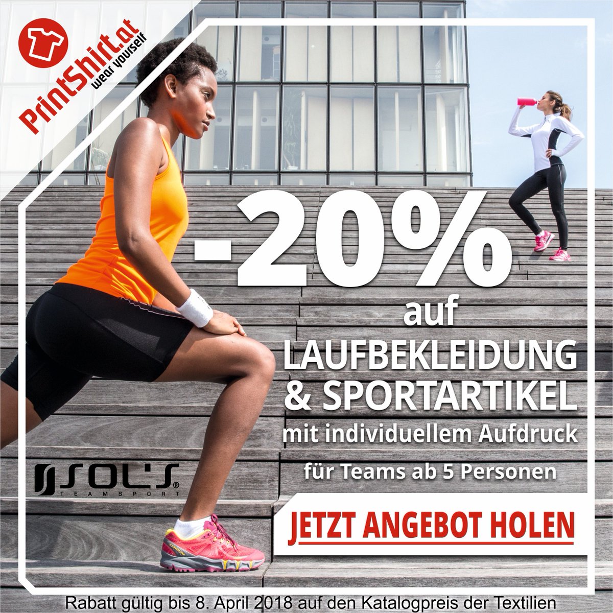 PrintShirt's tweet photo. Du und 4 Freunde starten in die Marathonsaison oder bei einem anderen Sportevent? Hole Dir jetzt 20% RABATT auf alle Lauf- und Sportartikel aus unserem Katalog -> https://t.co/AU2xj9nNBC Sende uns jetzt Deine Wünsche an office@printshirt.at!  Aktion gültig bis 8. 4 2018 https://t.co/JFkojO2pFT