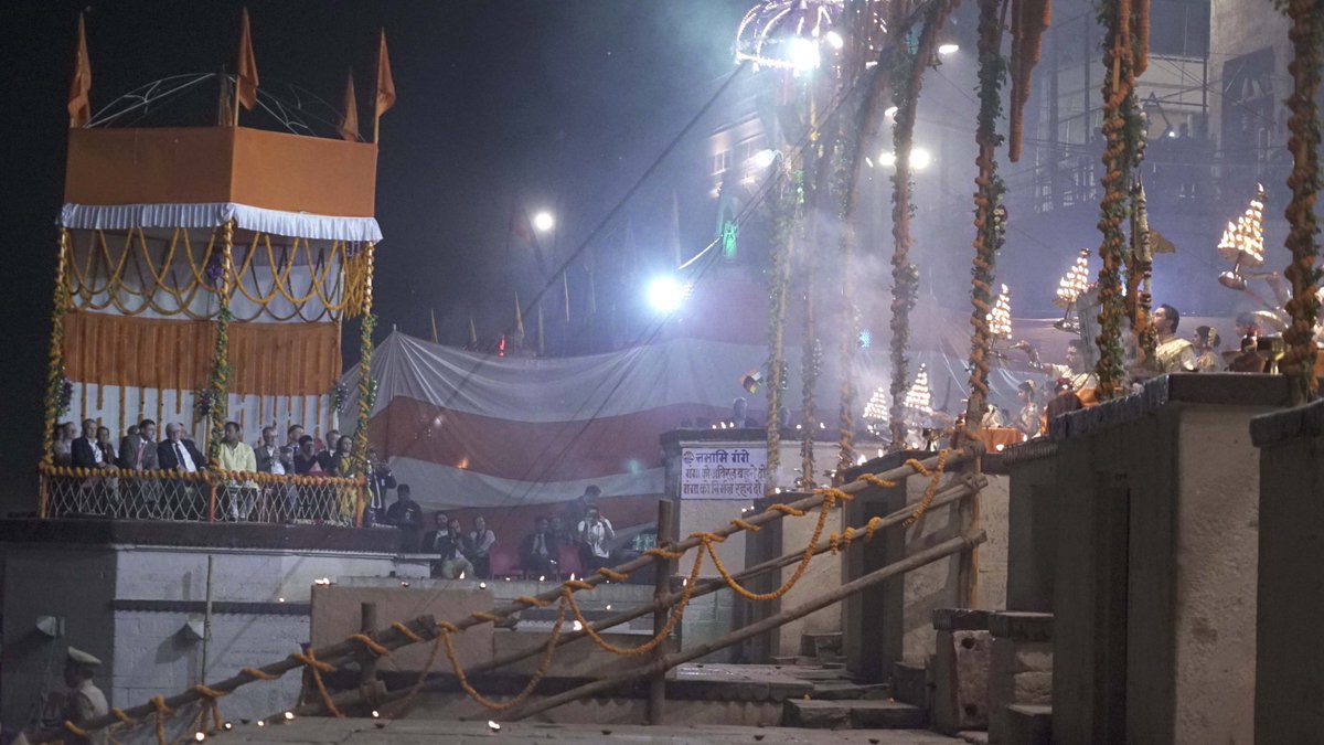 German president Frank-Walter Steinmeier watching Ganga aarti at Dashashwamedh Ghat in Varanasi.