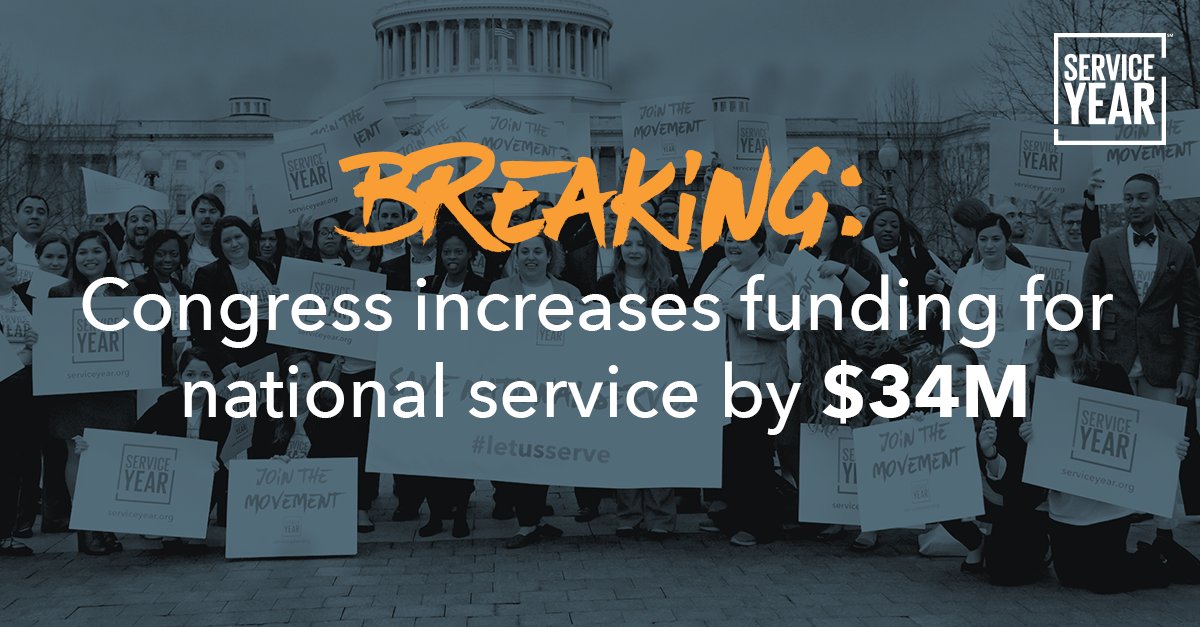 #BREAKING:
the 2018 spending bill increased funding for @NationalService + @AmeriCorps by $34 million!  This is what can happen when Alums join other advocates, practitioners, organizations, and leaders to StandforService!! 

Read more @ServiceYear here: about.serviceyear.org/sya_2018_spend…
