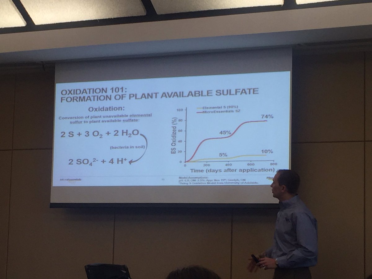 It can take 800 days in Ontario soils for 90% elemental sulphur sources to become just 10% available. What are your sulphur sources??<a href="/RossRBender/">Ross Bender</a> #plant18 #mosaic