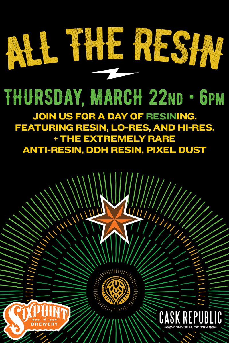 SixpointNE's tweet image. Fun stuff in New Haven tonight.  Swing by @TheCaskRepublic for #AllTheResin!  Six different variants including Anti-Resin, DDH Resin, and Pixel Dust.  #stickyicky #CT #craftbeer