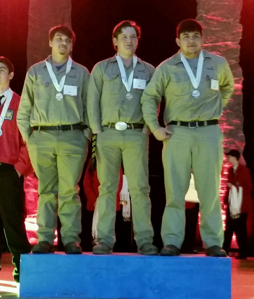 TN SkillsUSA Gold Medalist Team in Welding Fabrication. Left to right---J.D. Richmond Jackson County,  Raymond Sullivan and Baxter Smith of Macon County