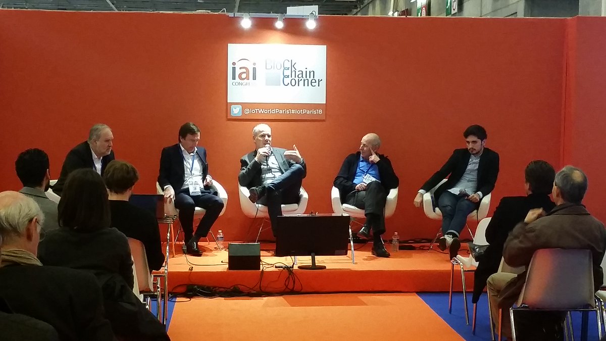 scorechain's tweet photo. Panel at the #BlockchainCorner @IoTWorldParis1 with our CEO @pierreneo #cryptoassets #regulation #ico #Blockchain https://t.co/NFJRQFl48n
