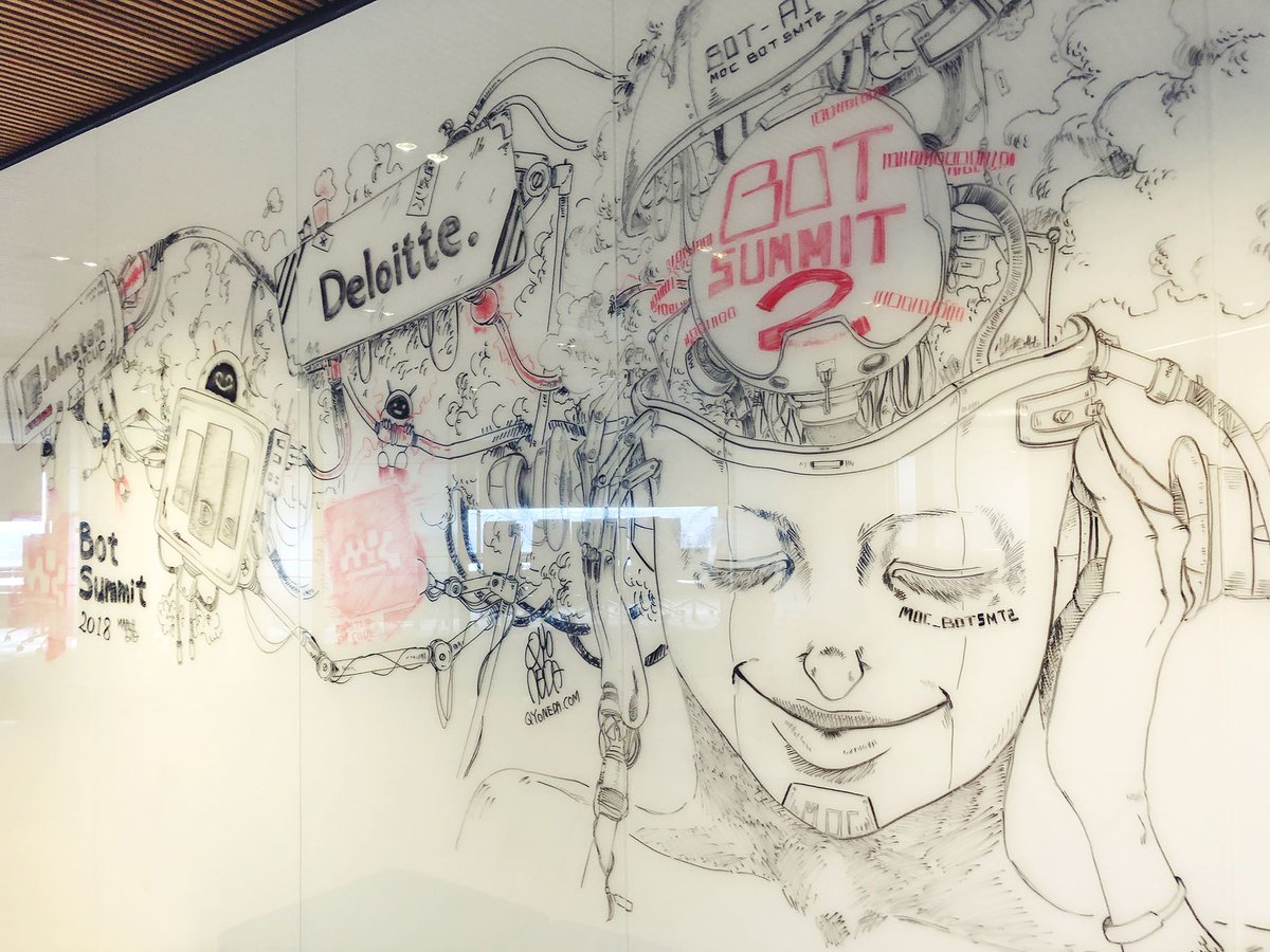 NewMediaMB's tweet photo. We had a great time at #botsummit 2018 hosted by Deloitte and presented by @master_of_code. Thanks for having us everyone, we learned so much! FYI @q_yondea did the crazy gorgeous mural for the event 👇 https://t.co/6OU3t9adHI