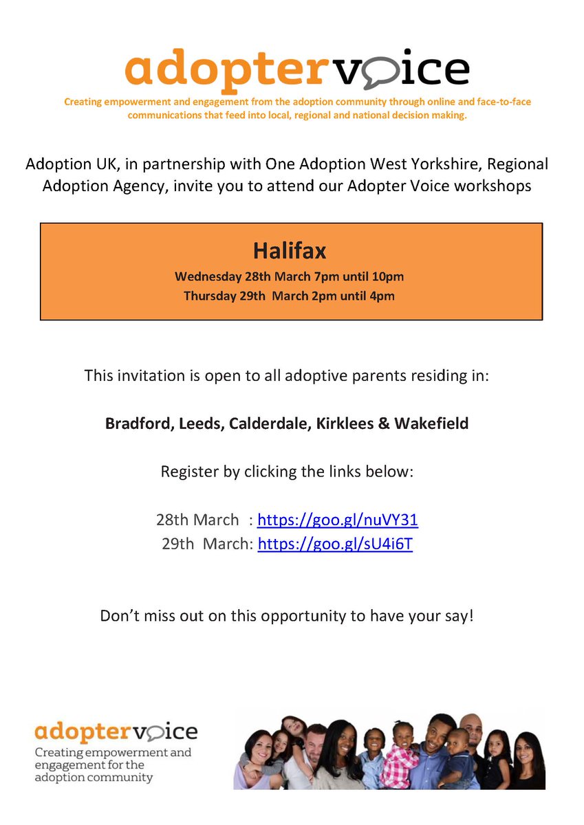 Our rearranged workshops for West Yorkshire are next week - book her for Wed March 28th eventbrite.co.uk/e/adopter-voic… come along &amp; add your voice to the throng, all welcome (ES)