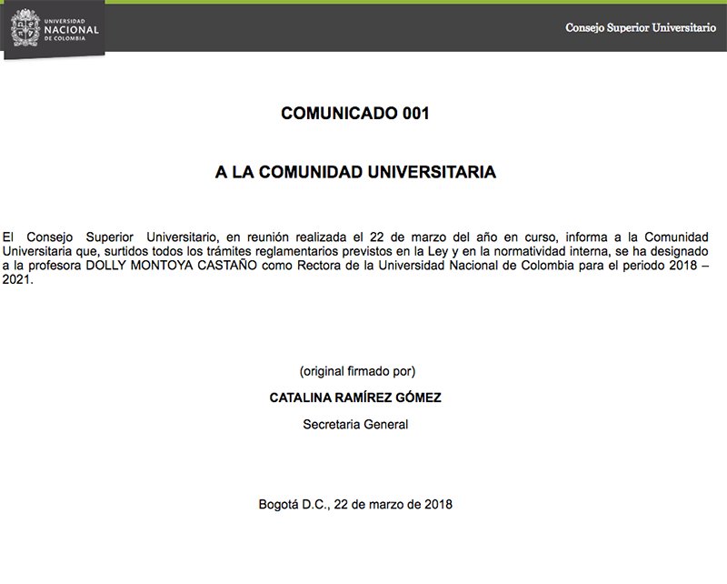 UNALOficial's tweet photo. Comunicado 001 a toda la #ComunidadUN | El CSU a designado a la profesora Dolly Montoya como Rectora de la @UNColombia para el periodo 2018-2021 #SomosOrgulloUN @DollyMontoyaUN https://t.co/DZbSvCNqQg