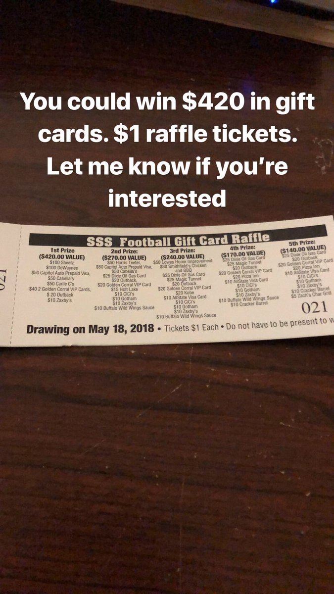 Raffle tickets for SSS Football. See Coach Faircloth, Parrish or any football player