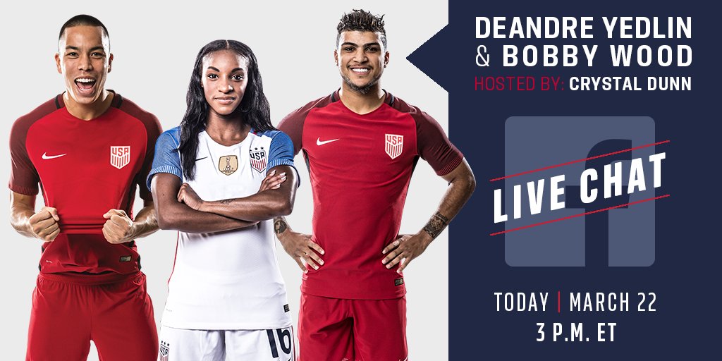 ussoccer's tweet photo. Who doesn't love a good 🇺🇸 crossover?

Head over to Facebook at 3pm ET for a live chat with @BobbyS_Wood and @yedlinny, hosted by the one and only @crysdunn_19! https://t.co/E8ZglxV9qh