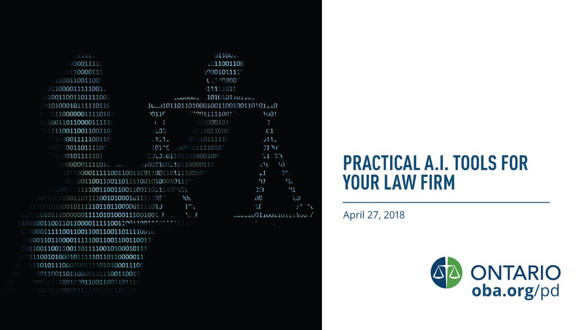 Survey some of the latest practical AI tools &amp; gain insights directly from early adopter law firms, with expert panel Avi Brudner of <a href="/BlueJLegal/">Blue J</a> , <a href="/MonaDatt/">Mona Datt</a> of <a href="/LoomAnalytics/">Loom Analytics</a>,  <a href="/EhLaFrance/">Adam La France</a> of <a href="/theknomos/">Knomos</a>, &amp; Cian O'Sullivan of <a href="/BeagleInc/">Beagle Inc</a>  http//ow.ly/IPB930j623f #OBAcpd