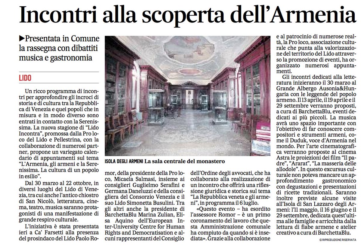🇮🇹#PressReviews
#lidoincontra: dal 30 marzo al 22 ottobre una stagione di eventi e iniziative per approfondire la cultura armena.
Da <a href="/Gazzettino_Info/">ilgazzettino</a> di oggi, 22 marzo 2018
<a href="/comunevenezia/">Comune di Venezia</a> #EIUCpressoffice #GCHumanRightsPress