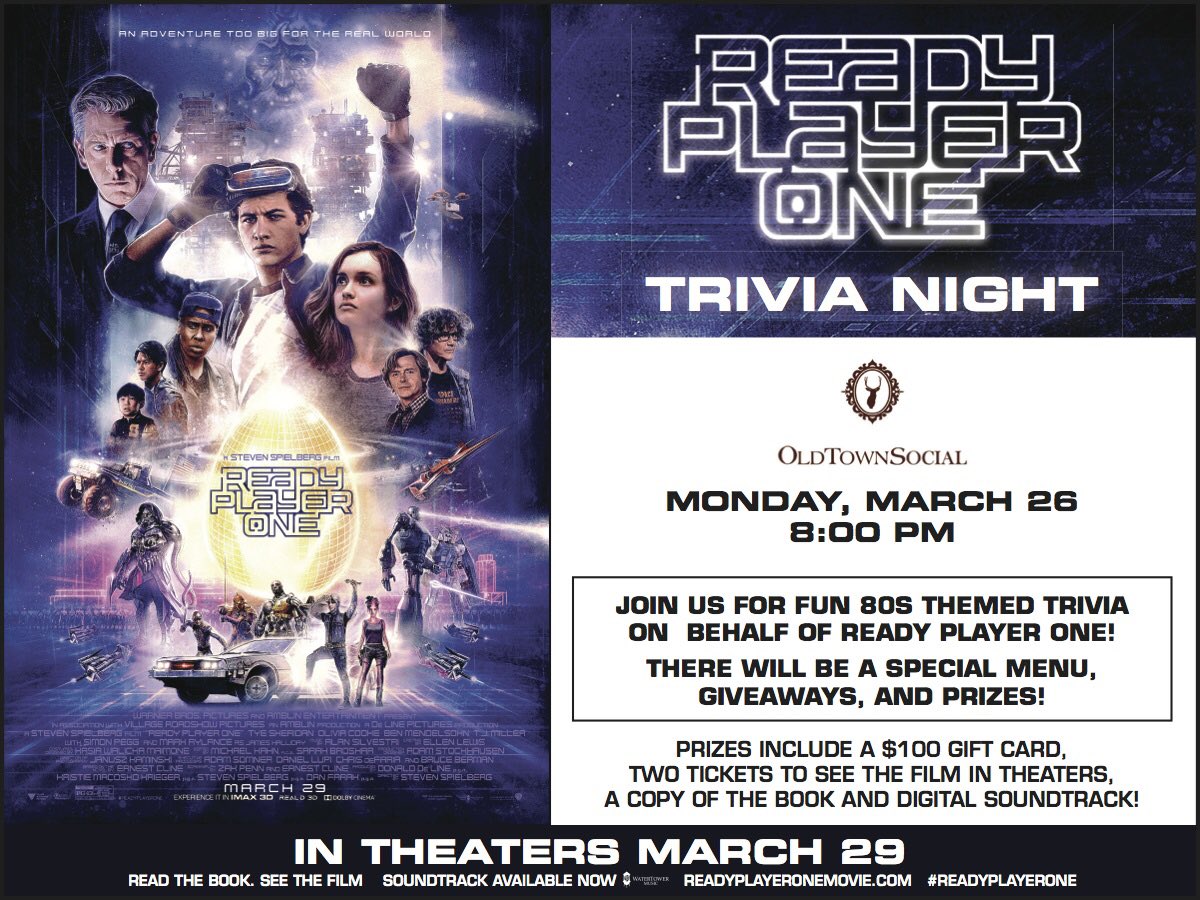 CHECK THIS OUT! 🎮❗️🎥 <a href="/readyplayerone/">Ready Player One</a> is in theaters one week from today! Win FREE TIX (&amp; more!) at Old Town Social’s Trivia, Monday, March 26th!
.
#movies #warnerbros #trivia #fun #readyplayerone #theaters #prizes #game #gamenight #monday #chicago #fun #games #trivianight