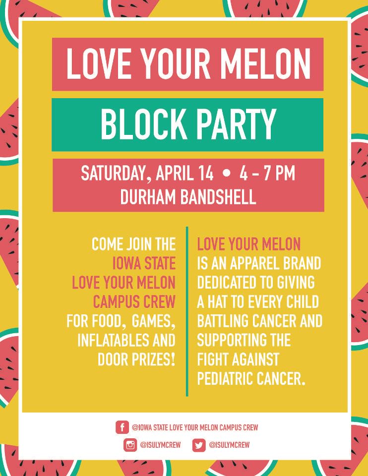 DiscoverAmesIA's tweet photo. Join the @ISULYMCrew for the Love Your Melon Block Party on April 14 at the Durham Bandshell! Activities include food, games, door prizes and more! Check out their Facebook event for more details: https://t.co/2YxJTGGcOp #CYtesofAmes https://t.co/vZGSyKpJEa