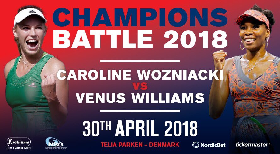 Venuseswilliams's tweet photo. So excited to be back in #Copenhagen on April 30th playing @carowozniacki at #championsbattle2018 – and at the same venue where we met for the first time back in 2002 @freklame @visitcopenhagen Tickets available @ticketmasterdk https://t.co/pmdrcPLZ66