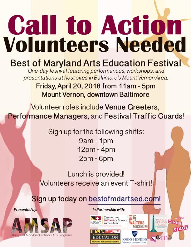 mdartscouncil's tweet photo. VOLUNTEERS NEEDED for the Best of Maryland Arts Education Showcase, April 20th. Volunteer roles include: venue greeters, performance managers, and festival traffic guards. Shifts: 9a-1p, 12-4p, 2-6p. Lunch provided and a festival t-shirt! Sign up at: https://t.co/LI216xfAkb https://t.co/xgrxZCKeiC
