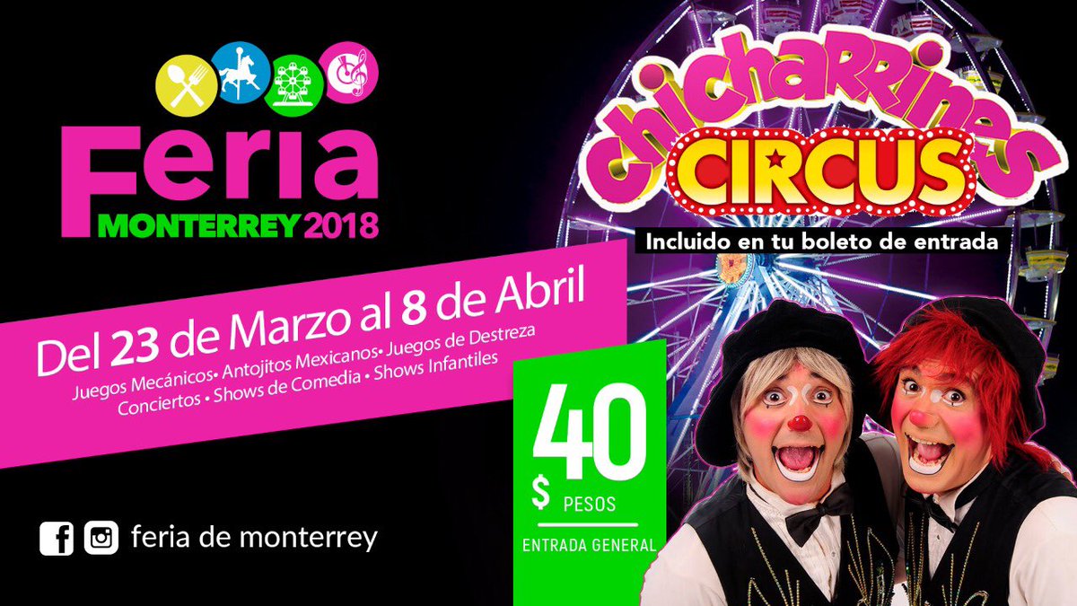 lagachaa's tweet photo. Mañana arranca la Feria Monterrey 2018 🎡🎢🎠 Cuesta $40 pesos y tienes acceso al Circo de @LOSCHICHARRINES, brincolines y teatro del pueblo. 🎭 Con $90 pesos puedes disfrutar de TODOS los juegos mecánicos! ¡Ahí nos vemos! 🎪🤹🏻‍♀️🥁 https://t.co/sI6eHBno6U
