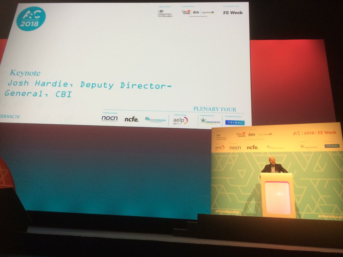 FEWeek's tweet image. Josh Hardie, deputy director general of @CBItweets says CBI members believe skills shortage is the biggest threat to growth #FEWEEKAAC18