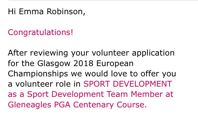 emmarobinson_6's tweet photo. so excited to have been offered a volunteering role at Glasgow 2018 European Championships this summer as a sports development team member working alongside the best golfers in Europe ! 🏌🏼‍♀️🏌🏼‍♂️ @LHS_HWB @mrmeikle @LarbertHigh https://t.co/mP14eaxLSV