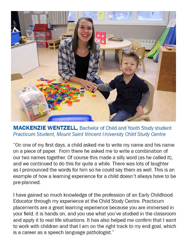 MSVU_Halifax's tweet image. It may be #CoopWeek and #WILWeek, but Mount students don’t have to travel far to get hands-on experience in their field. MacKenzie Wentzell is a Child and Youth Study student completing her practicum at the Child Study Centre. Check out what she had to say about her experience!
