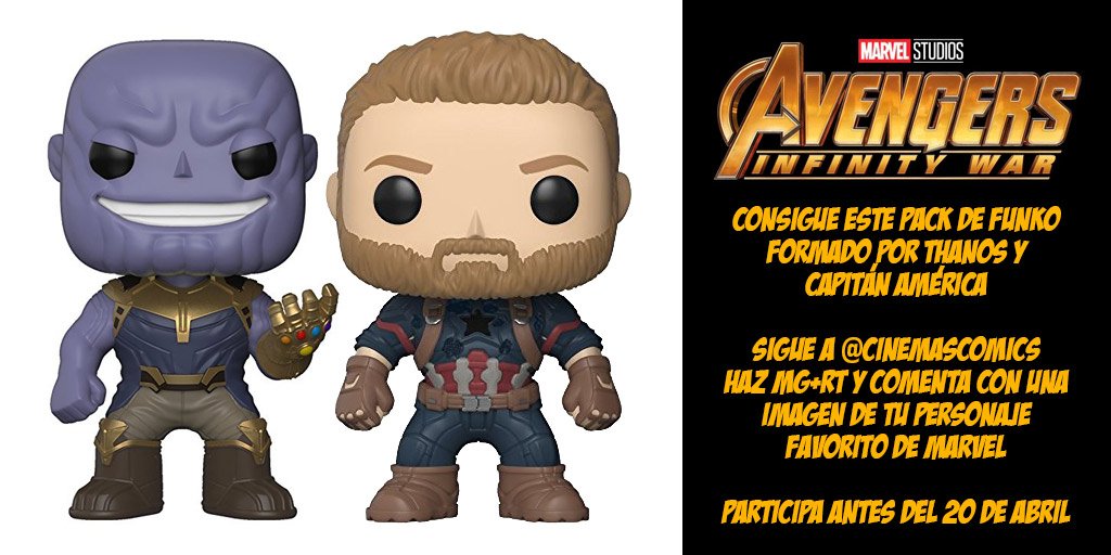 Cinemascomics's tweet image. ¡SORTEO DEL INFINITO! Regalamos 1 pack de Funkos de @MarvelStudios con #Thanos y #CapitánAmérica en #VengadoresInfinityWar. ¿Cómo participar?

1- Seguir a @Cinemascomics.
2- RT + MG.
3- Tu personaje favorito de Marvel.

¡Mucha suerte a todos!