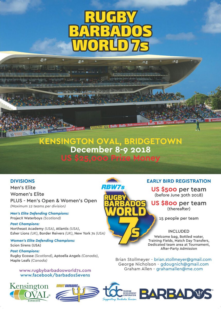 BarbadosWRugby's tweet photo. Start planning for the 2018 Rugby Barbados World 7s! Dec 8th &amp; 9th at KENSINGTON OVAL!  ☀️🏉🇧🇧 #Rugby #7s #Barbados #RBW7S https://t.co/eAzVyBBr4W