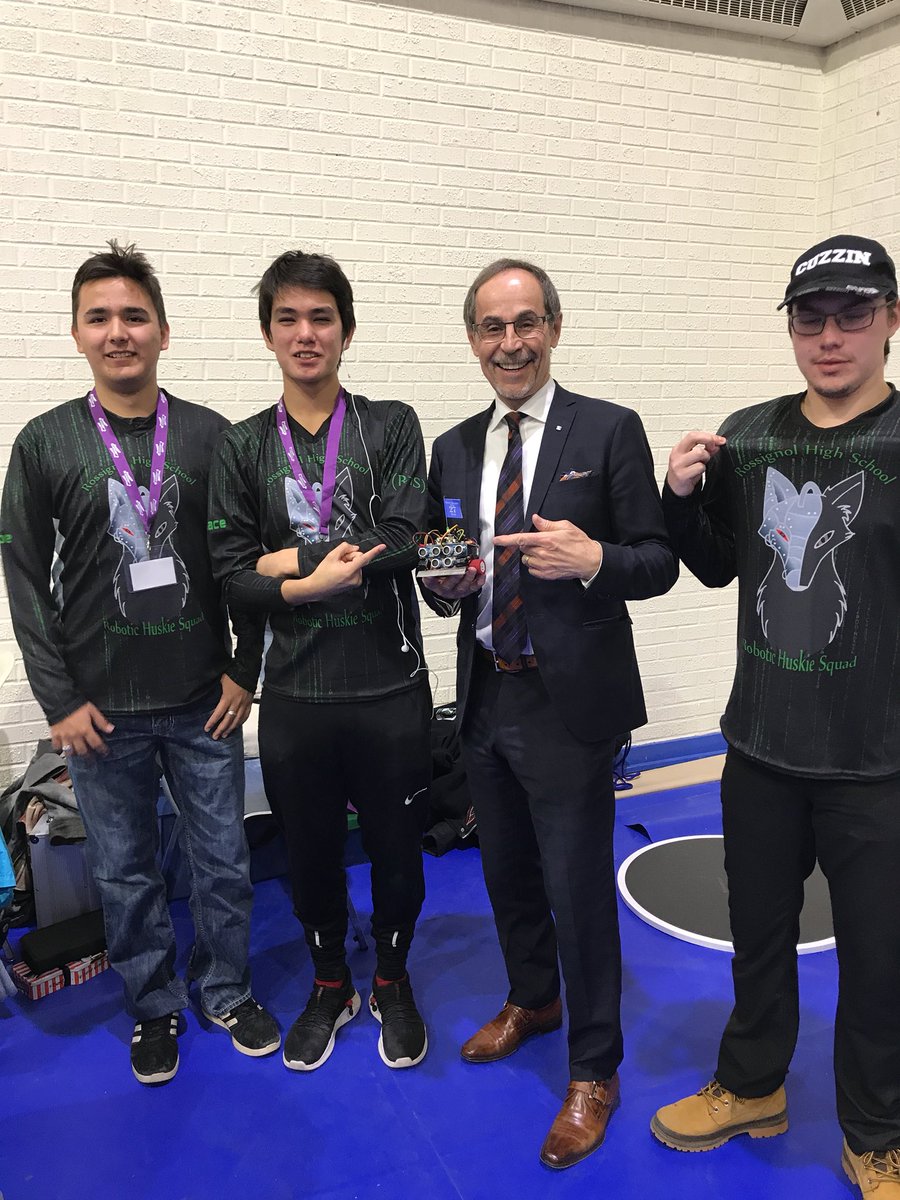 Saskatchewan Polytechnic President Rosia with Rossignol High School team that travelled many hours from Ile-a-la Crosse to participate in #myRobotRumble