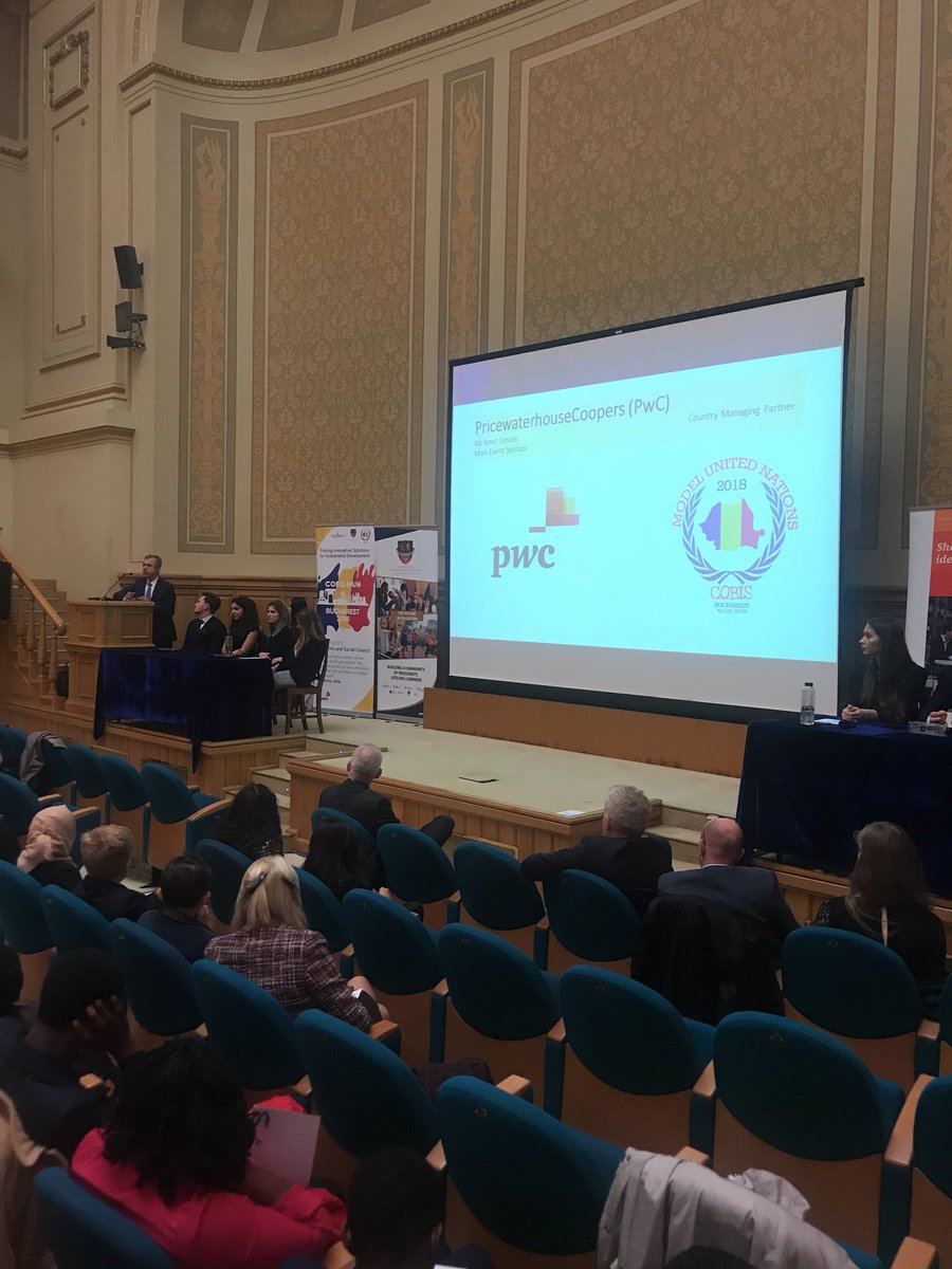 IBSB4's tweet photo. Mr Ionut Simion from PwC on innovation. The start of COBIS MUN 2018! @PwCTaxKmRomania #pwc #ibsb #cobismun2018 #cobis #COBIS18 #britishschools https://t.co/TrEN9S1ud9