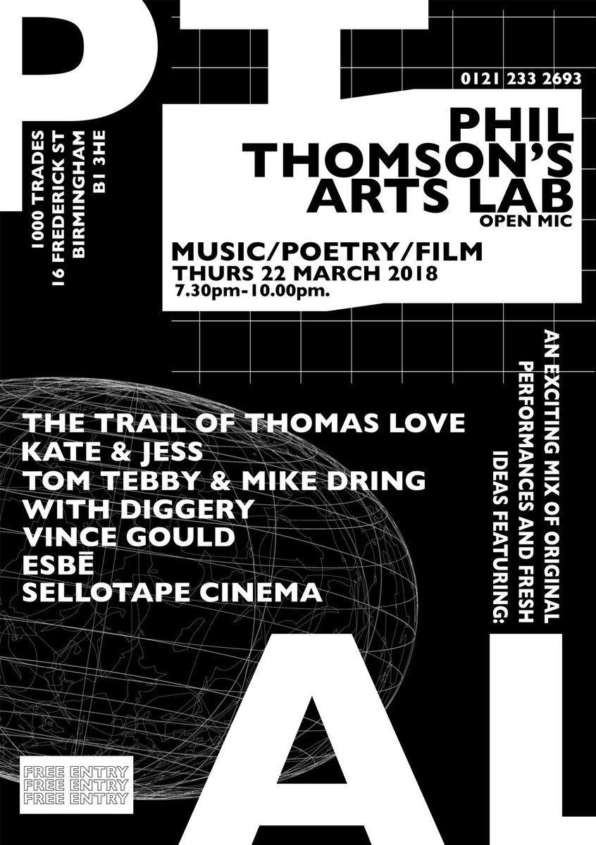 tomtebby's tweet photo. Arts Lab tonight 7:30 @1000TradesJQ. Music, poetry &amp; film. @sellotapecinema @mid_mod @seanlclancy @mappage @justin_wiggan @BCU_Arts https://t.co/SbaKqZW5tm