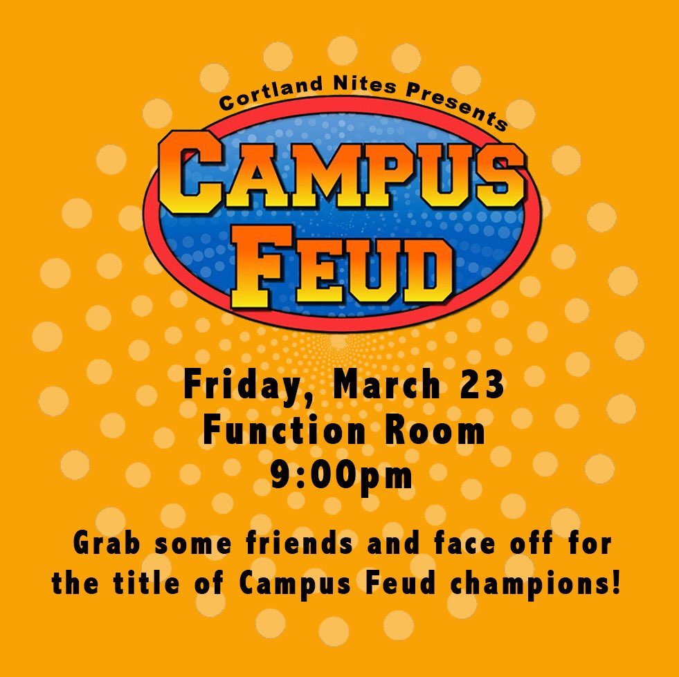 CortlandNites's tweet photo. 💲$200 in cash prizes!!💲Make a team of 5 and come to the Function Room tomorrow night for your chance to win!!! #campusfeud #cortlandnites https://t.co/46Laksn3lg