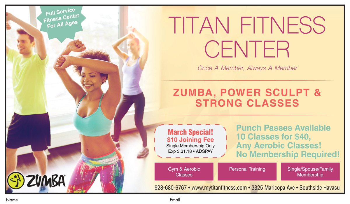 AdsPayUS's tweet photo. Get your #zumba on at Titan Gym and Fitness Center, Lake Havasu. Join for only $10 w/valid coupon.
#adspay #gym #zumba #powersculpting #aerobic #gym #personaltraining #silversneakers #multideal #memberships #punchpasses #lhc https://t.co/ZcpuYRZF5B